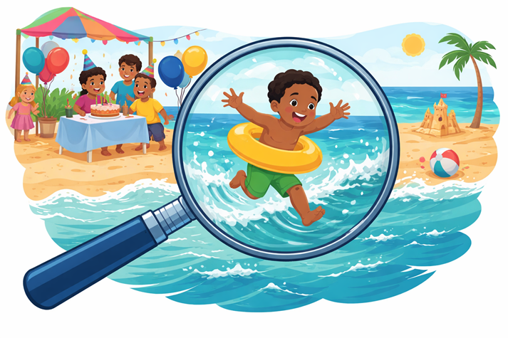 A magnifying glass zooming in on one small moment from a larger scene like a beach or party